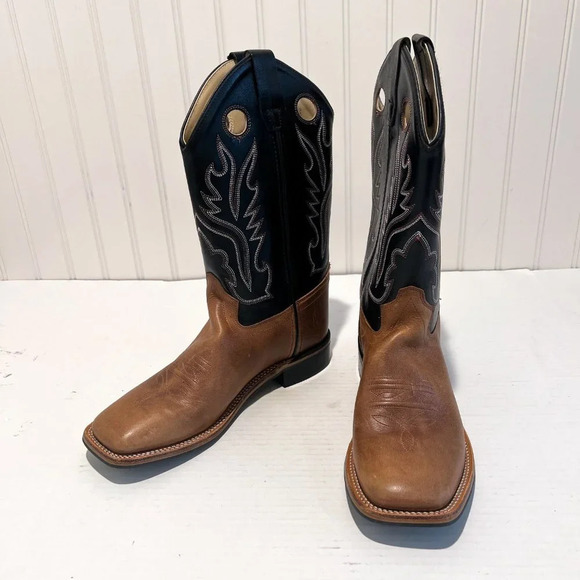 Old West Square Toe Contrast Stitched Leather Western Pull On Cowboy Boots 7 - Picture 7 of 14